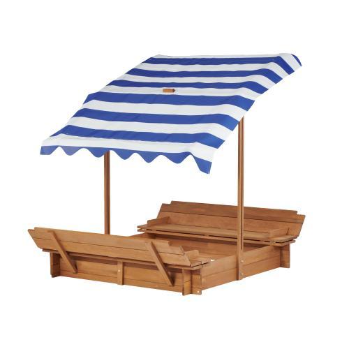 Wooden Kids Sandbox with Cover, Children Outdoor Sand Box with Foldable Bench Seats, Adjustable Canopy