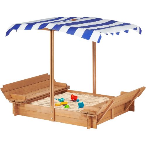 Wooden Kids Sandbox with Cover, Children Outdoor Sand Box with Foldabl