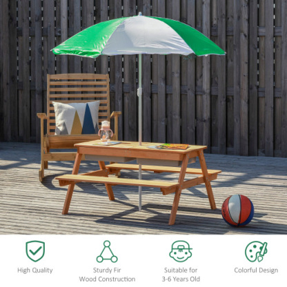 Kids Picnic Table with Umbrella and Storage Inside, Sand and Water Table, Kids Outdoor Furniture