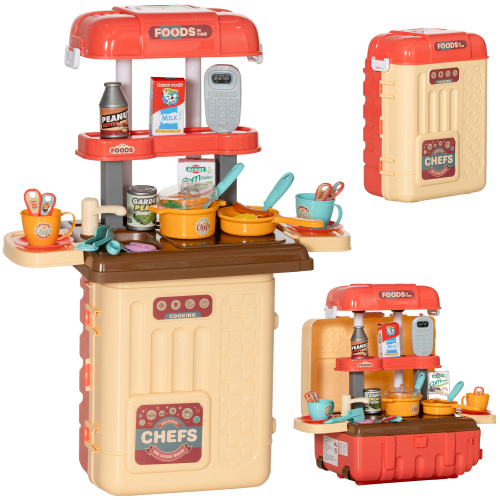 3 in 1 Kids Kitchen Playset, Foldable Play Kitchen Set Converted into Travel Luggage, 36Pcs Play Kitchen Accessories