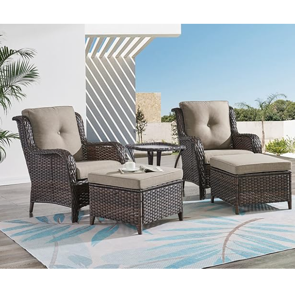 5 Pieces Patio Bistro Set Wicker Patio Chairs Set of 2 with Ottomans and Side Table Rattan Outdoor Furniture