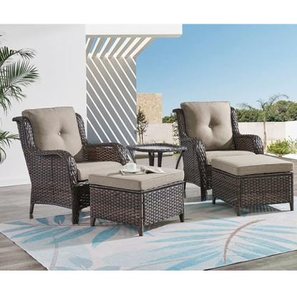 5 Pieces Patio Bistro Set Wicker Patio Chairs Set of 2 with Ottomans and Side Table Rattan Outdoor Furniture