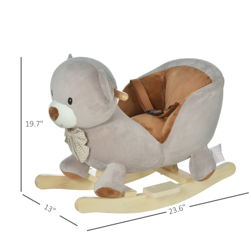 Bear-Shaped Plush Toddler Ride on Horse with Sound, Wooden Base & Safety Belt for 18-36 Months