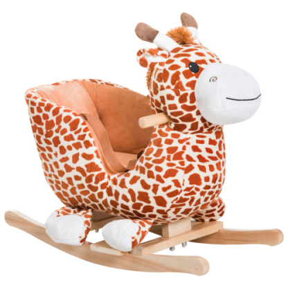 Bear-Shaped Plush Toddler Ride on Horse with Sound, Wooden Base & Safety Belt for 18-36 Months