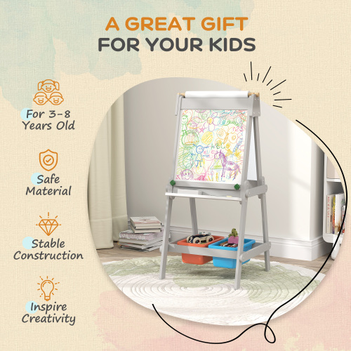 Easel for Kids with Paper Roll, Double Sided Whiteboard & Chalkboard for Toddlers Aged 3-8 Years Old