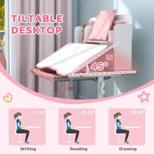 Kids Desk and Chair Set, Height Adjustable Kids School Study Desk and Chair Set with Tilt Desktop, Storage Drawer and Reading Rack for Writing