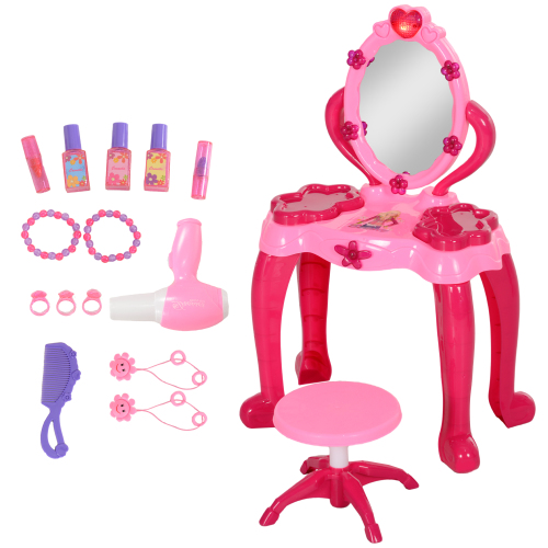 Kids Vanity Set with Mirror and Stool, Girls Makeup Table with Light and Sound, 15 Accessories, Pretend Play Set with Hair Dryer for 3-6 Years