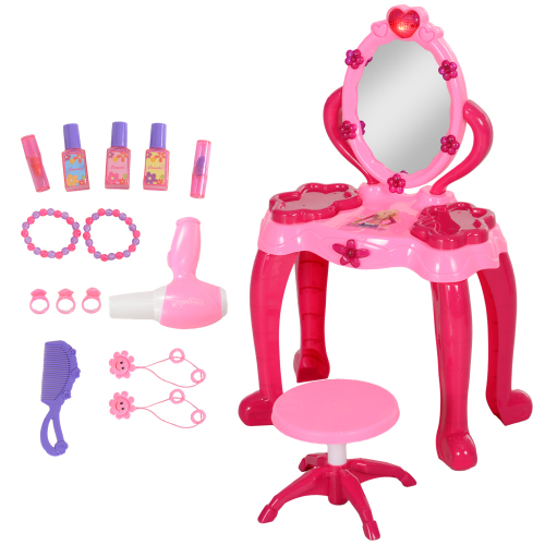 Kids Vanity Set with Mirror and Stool, Girls Makeup Table with Light and Sound, 15 Accessories, Pretend Play Set with Hair Dryer for 3-6 Years