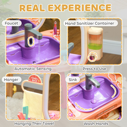 Toddler Makeup Table with Faucet, Mirror, LED Light, Music, 23 Accessories, Pretend Play Set for Girls 3-6 Years