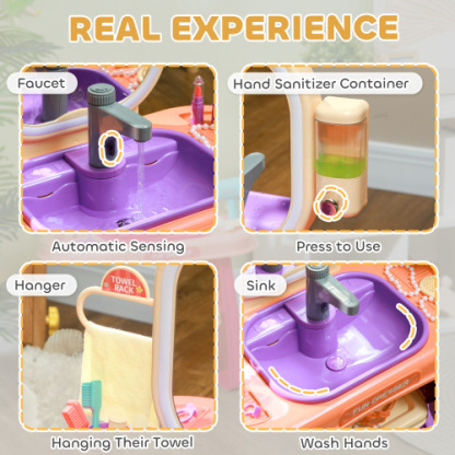 Toddler Makeup Table with Faucet, Mirror, LED Light, Music, 23 Accessories, Pretend Play Set for Girls 3-6 Years