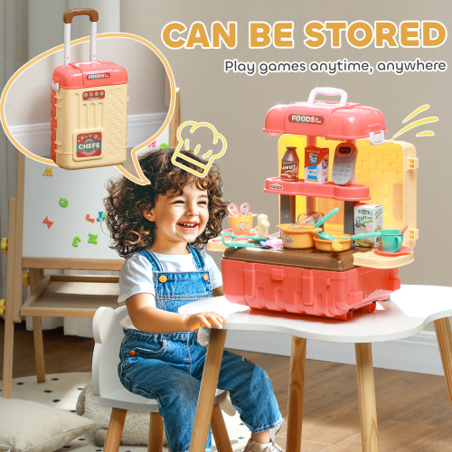 3 in 1 Kids Kitchen Playset, Foldable Play Kitchen Set Converted into Travel Luggage, 36Pcs Play Kitchen Accessories