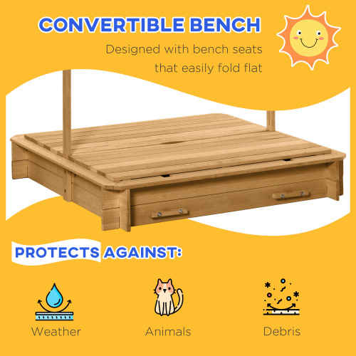 Wooden Kids Sandbox with Cover, Children Outdoor Sand Box with Foldable Bench Seats, Adjustable Canopy