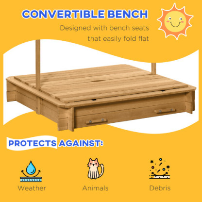 Wooden Kids Sandbox with Cover, Children Outdoor Sand Box with Foldable Bench Seats, Adjustable Canopy