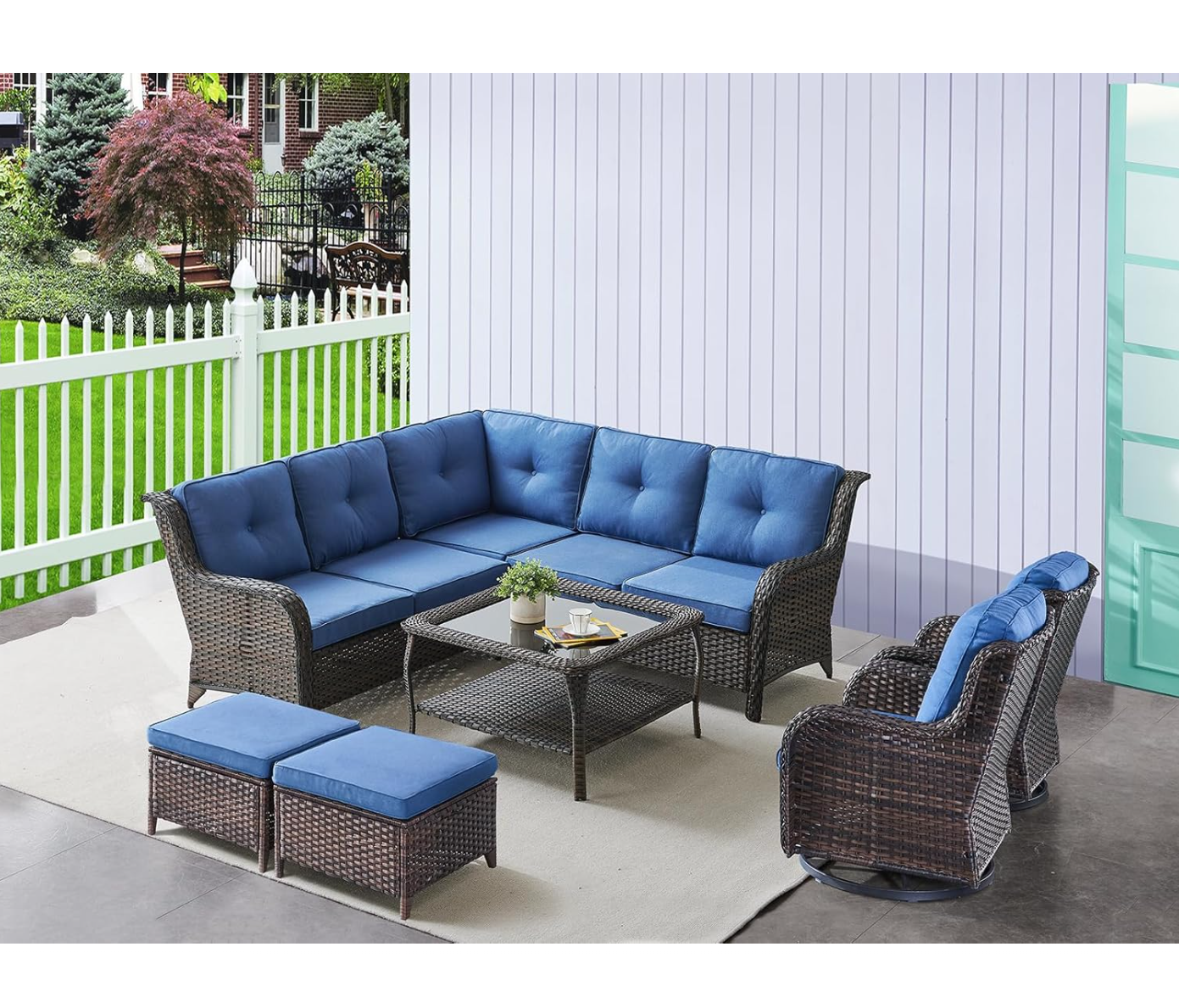 8 Piece Patio Furniture PE Wikcer Outdoor Furniture Set with Sectional Sofa Swivel Patio Chairs Ottomans and Glass Coffee Table