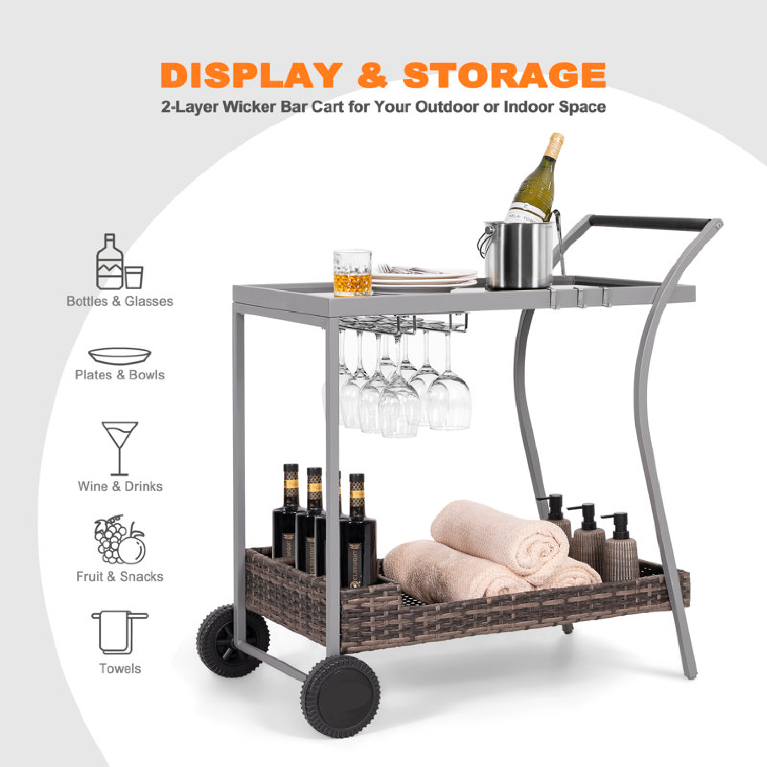 Outdoor 2-Tier Wicker Bar Cart On Wheels With Tempered Glass Board