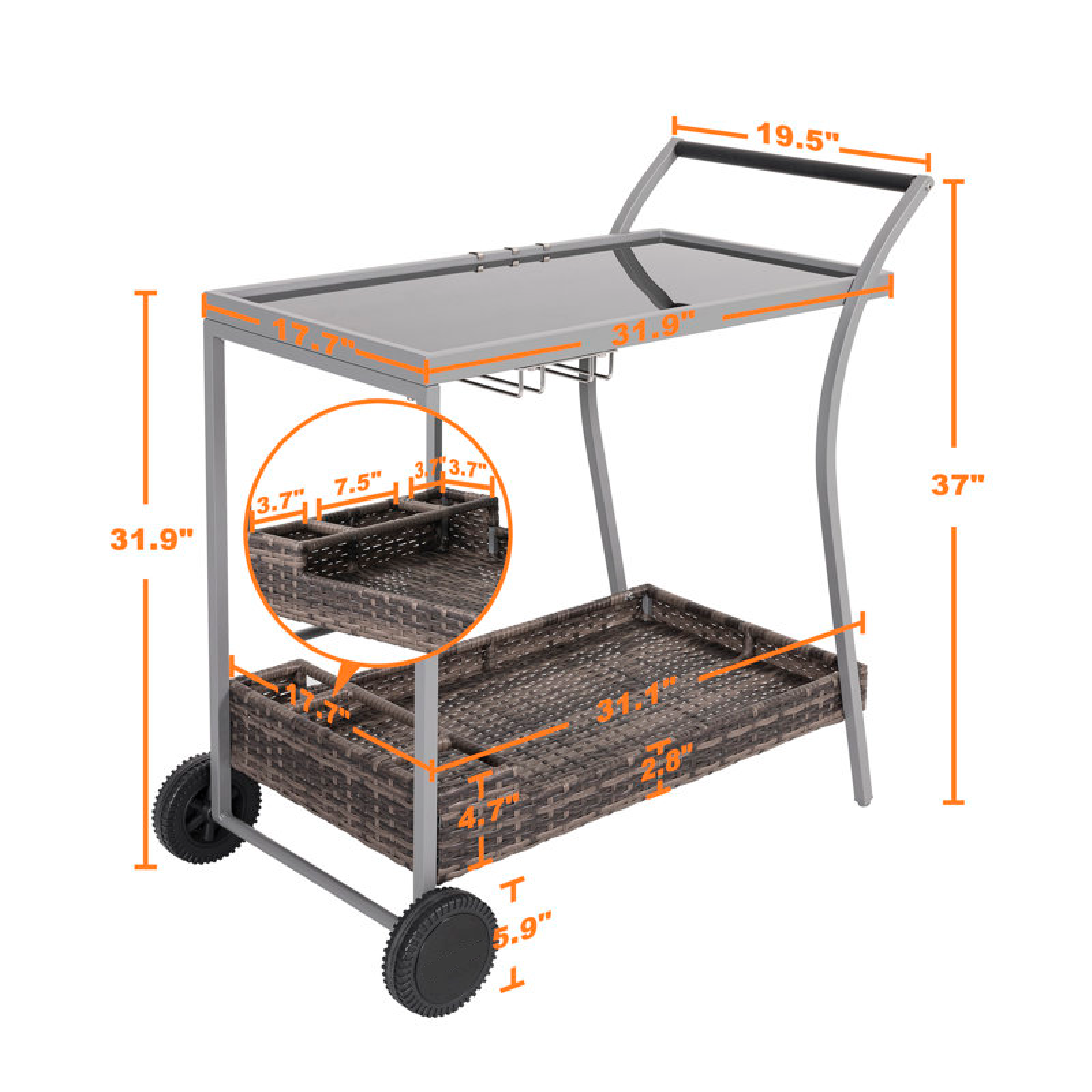 Outdoor 2-Tier Wicker Bar Cart On Wheels With Tempered Glass Board
