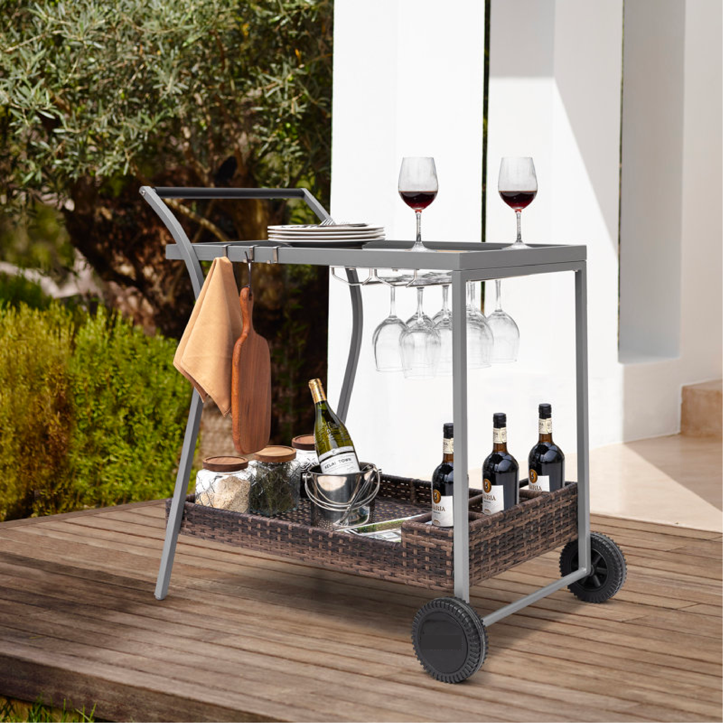 Outdoor 2-Tier Wicker Bar Cart On Wheels With Tempered Glass Board