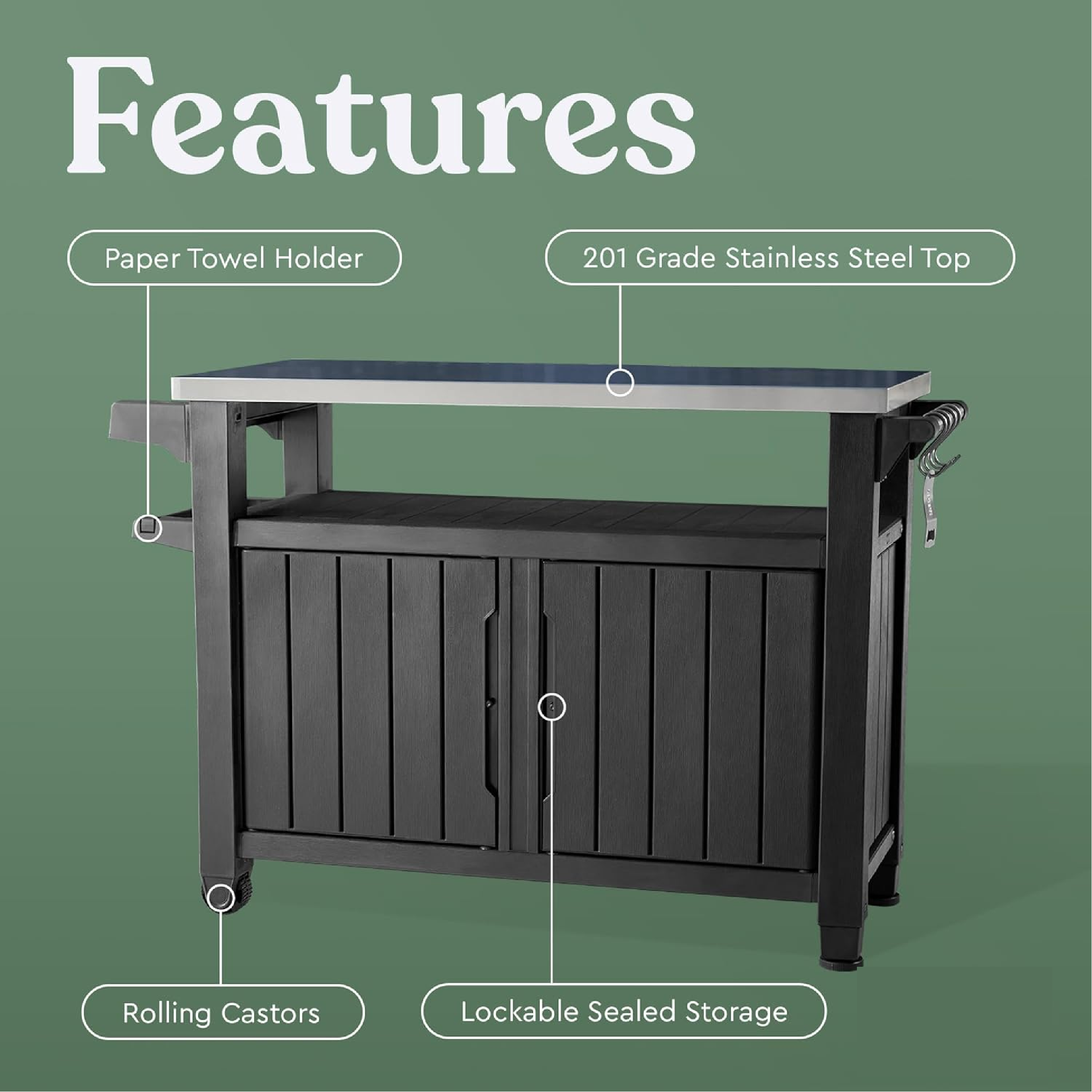 Outdoor Table with Stainless Steel Top for Kitchen Prep and Outdoor Storage Cabinet