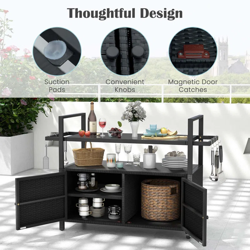 Outdoor Bar Cart With Tempered Glass Top Storage Cabinet & 8 Hooks For Porch