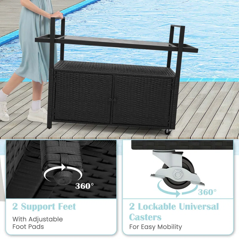 Outdoor Bar Cart With Tempered Glass Top Storage Cabinet & 8 Hooks For Porch