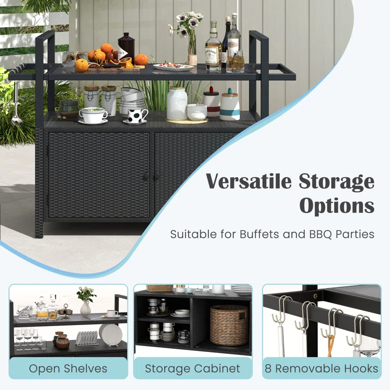 Outdoor Bar Cart With Tempered Glass Top Storage Cabinet & 8 Hooks For Porch