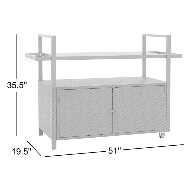 Outdoor Bar Cart With Tempered Glass Top Storage Cabinet & 8 Hooks For Porch
