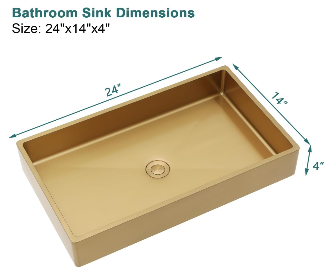 24" Gold Bathroom Vessel Sink 16 Gauge Nano Titanium Plating Rectangle Vessel Sink