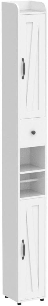 Bathroom Cabinet with Adjustable Shelf, Storage Cabinet for Small Space, Tall Cabinet with Retractable Toilet Paper Rod, Narrow Cabinet with 2 Doors