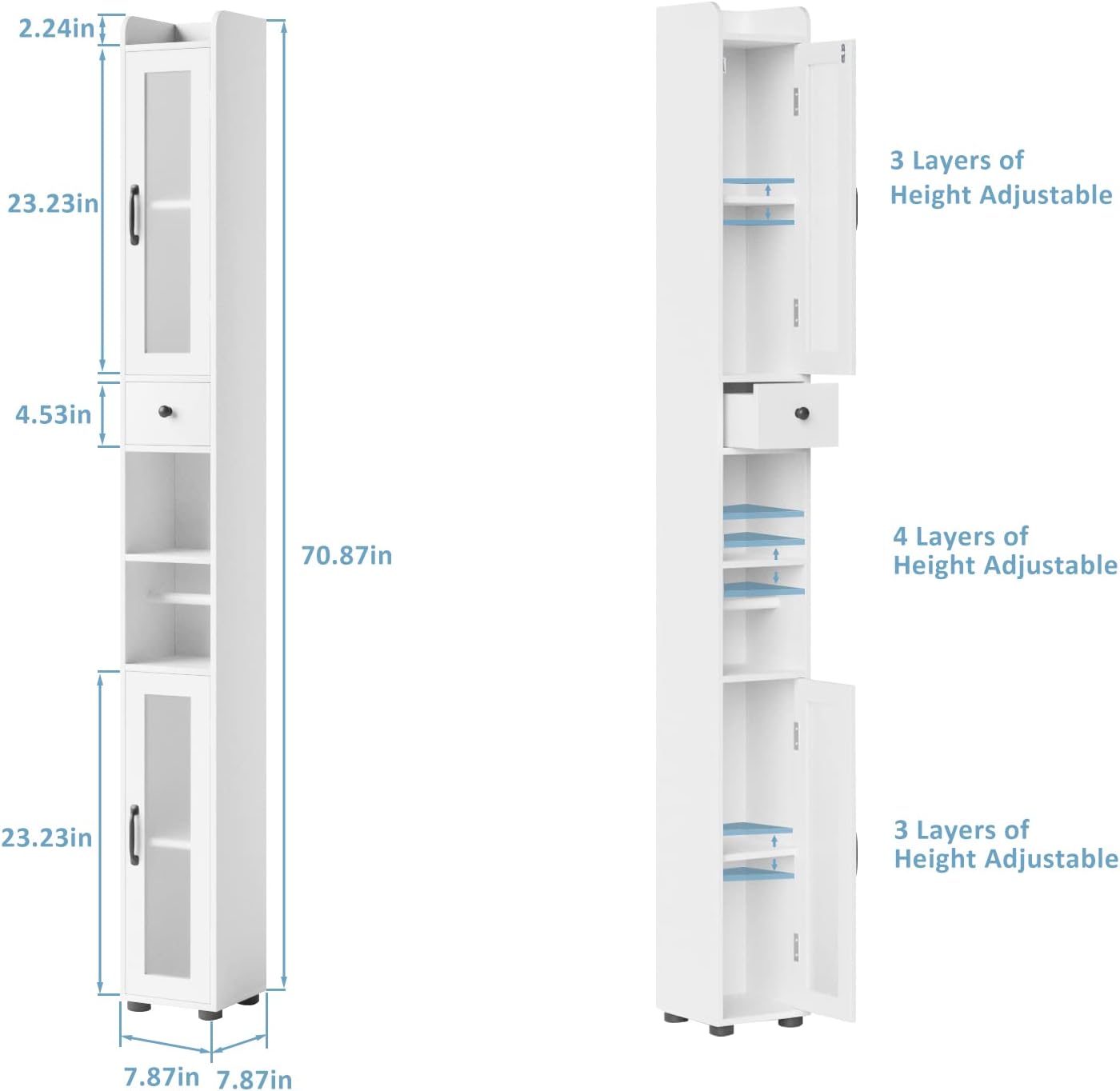 Bathroom Cabinet with Adjustable Shelf, Storage Cabinet for Small Space, Tall Cabinet with Retractable Toilet Paper Rod, Narrow Cabinet with 2 Doors