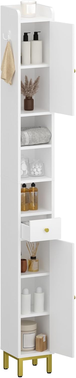 Bathroom Cabinet with Adjustable Shelves, Freestanding Floor Cabinet, Tall Bathroom Storage Cabinet with Doors & Drawer