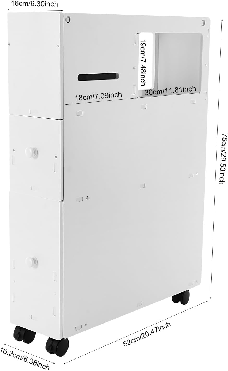 3-Tier Drawers Bathroom Storage Cabinet with Wheels, Narrow Bathroom Organizer with Flip Top, Free Standing Toilet Paper Holder White PVC Floor Cabinet