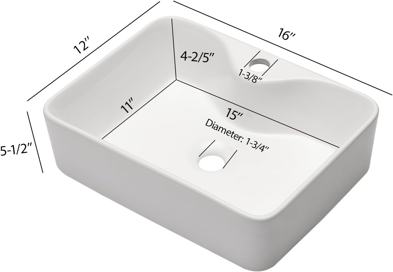 16" x 12" Rectangle Vessel Sink With Black Faucet And Black Drain Combo Bowl Sink Bathroom Vessel Sink