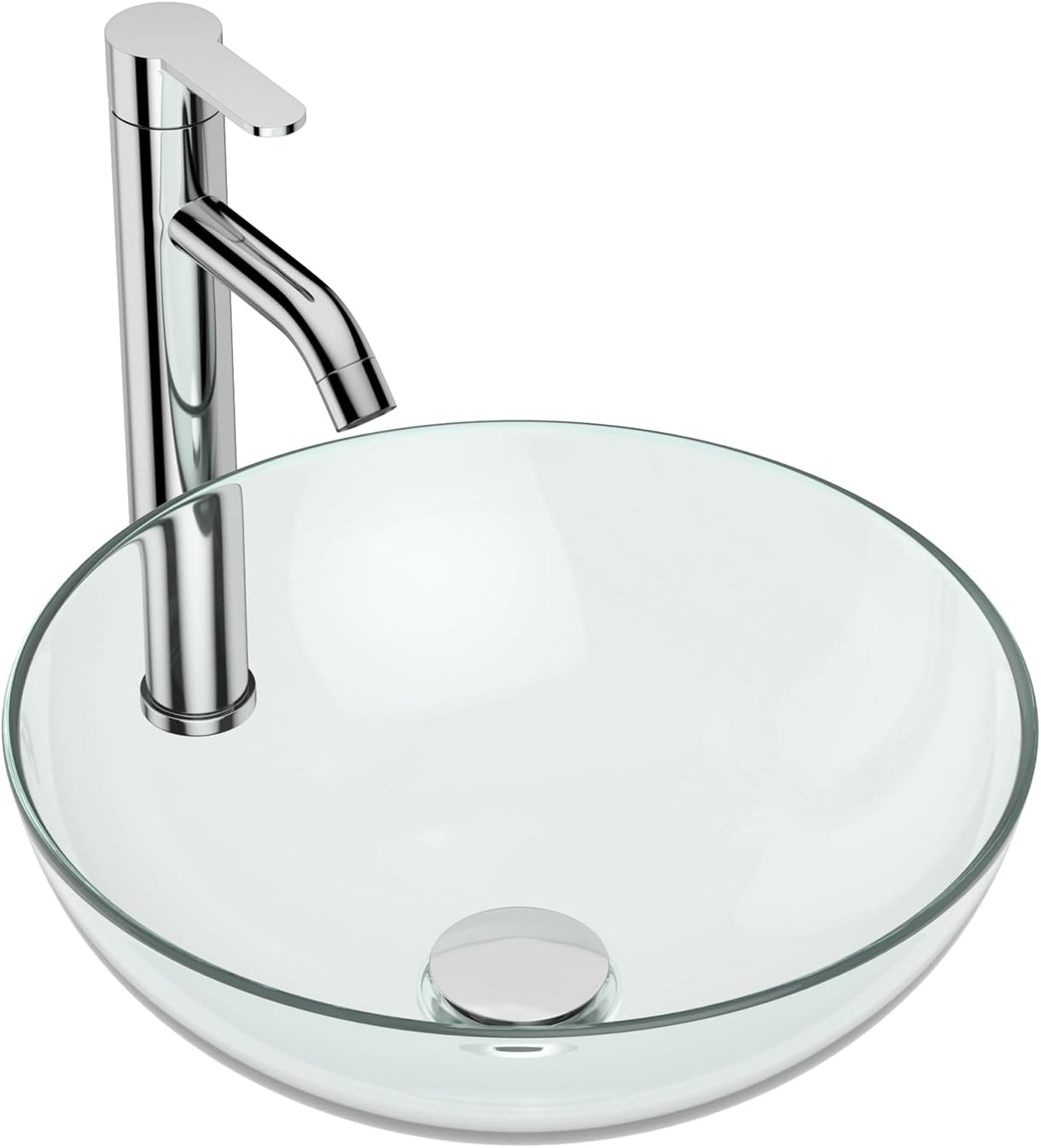 14" Clear Glass Vessel Sink With Faucet And Drain Combo Modern Round Shape Artistic Basin Bathroom Vessel Sink