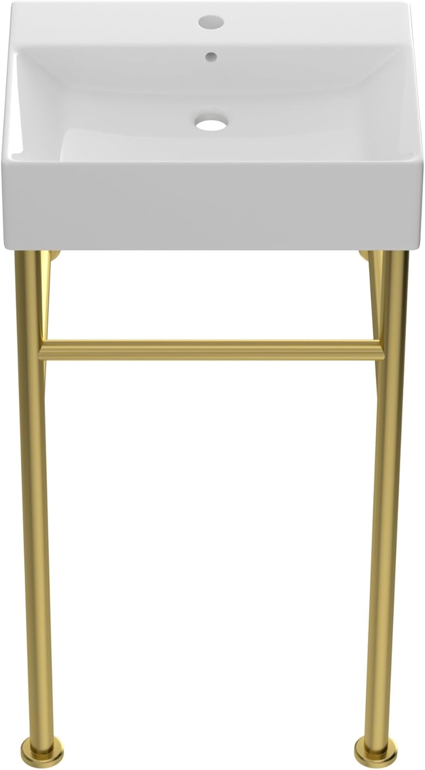 Rectangular Ceramic Console Sink with Brushed Gold Stainless Steel Pedestal