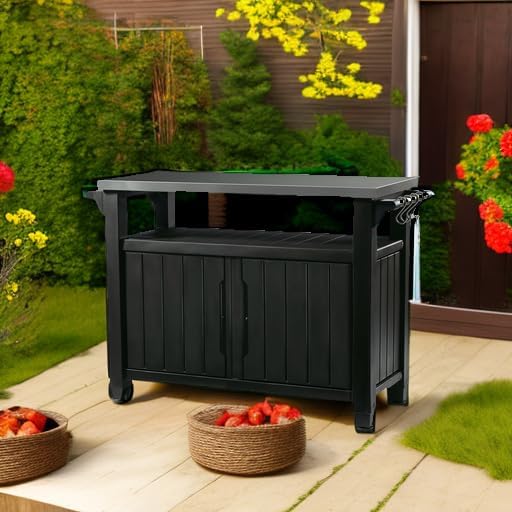 Outdoor Table with Stainless Steel Top for Kitchen Prep and Outdoor Storage Cabinet