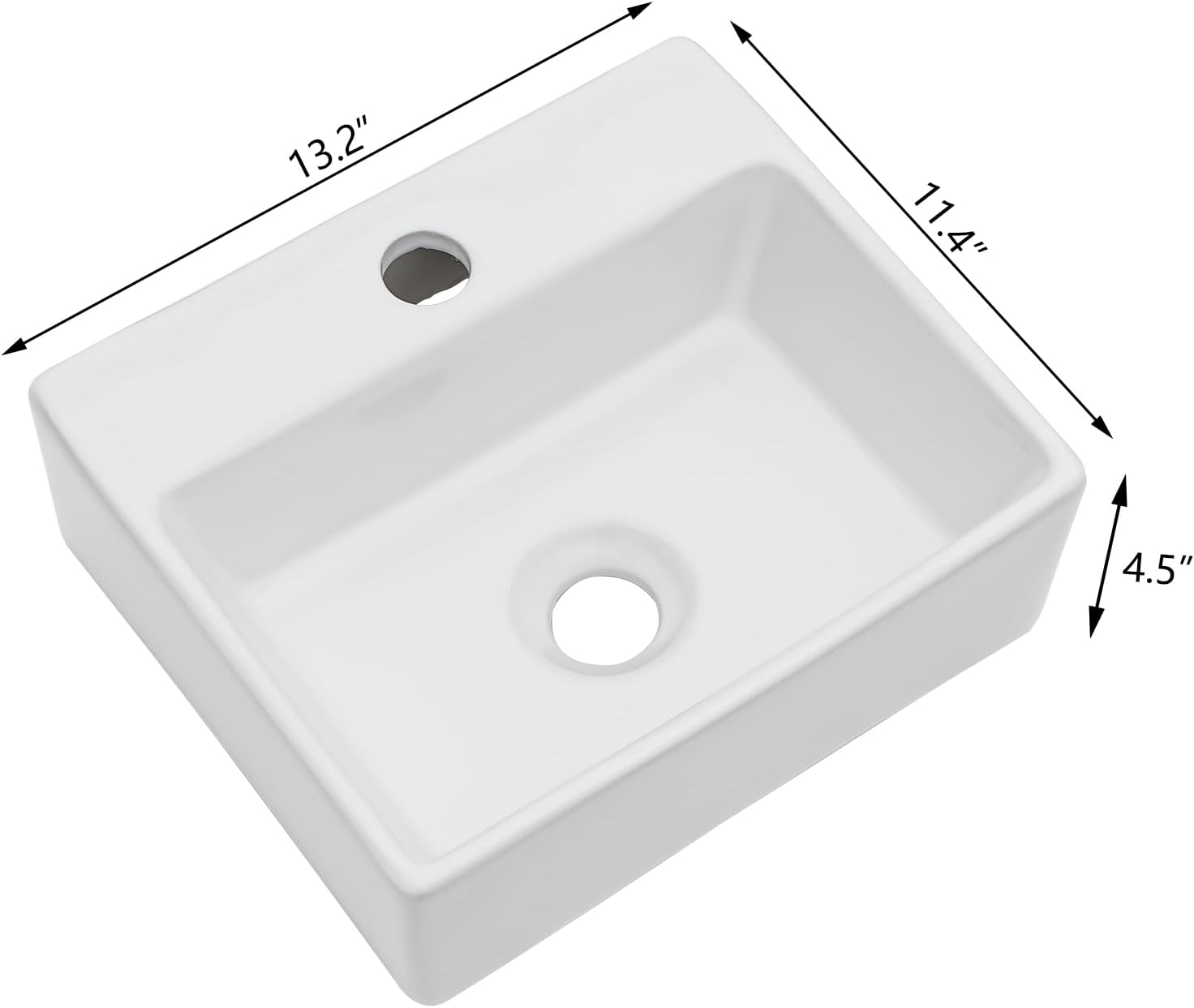 13"x11" Wall Mounted Vessel Sink Bathroom Wall Hung Sink Rectangular White Porcelain Ceramic Vessel