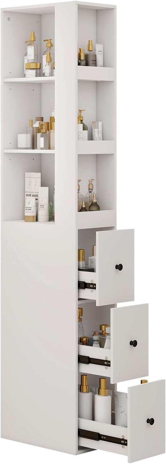 Storage Cabinet Tall Narrow Bathroom Organizer with Side Storage Rack and 3-Level Adjustable Shelves Slim Free Standing Space Saver for Living Room Kitchen, Classic White