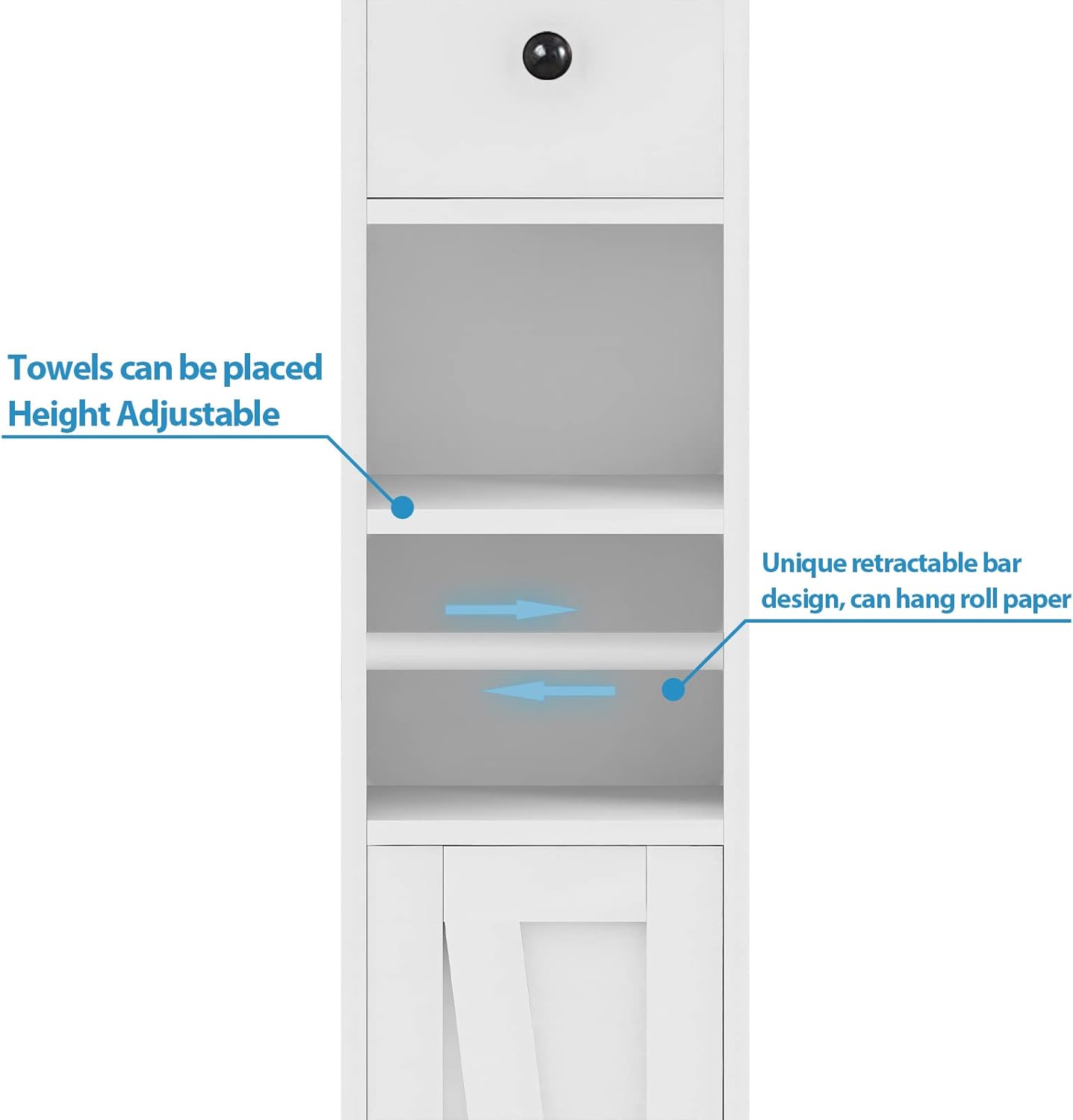 Bathroom Cabinet with Adjustable Shelf, Storage Cabinet for Small Space, Tall Cabinet with Retractable Toilet Paper Rod, Narrow Cabinet with 2 Doors
