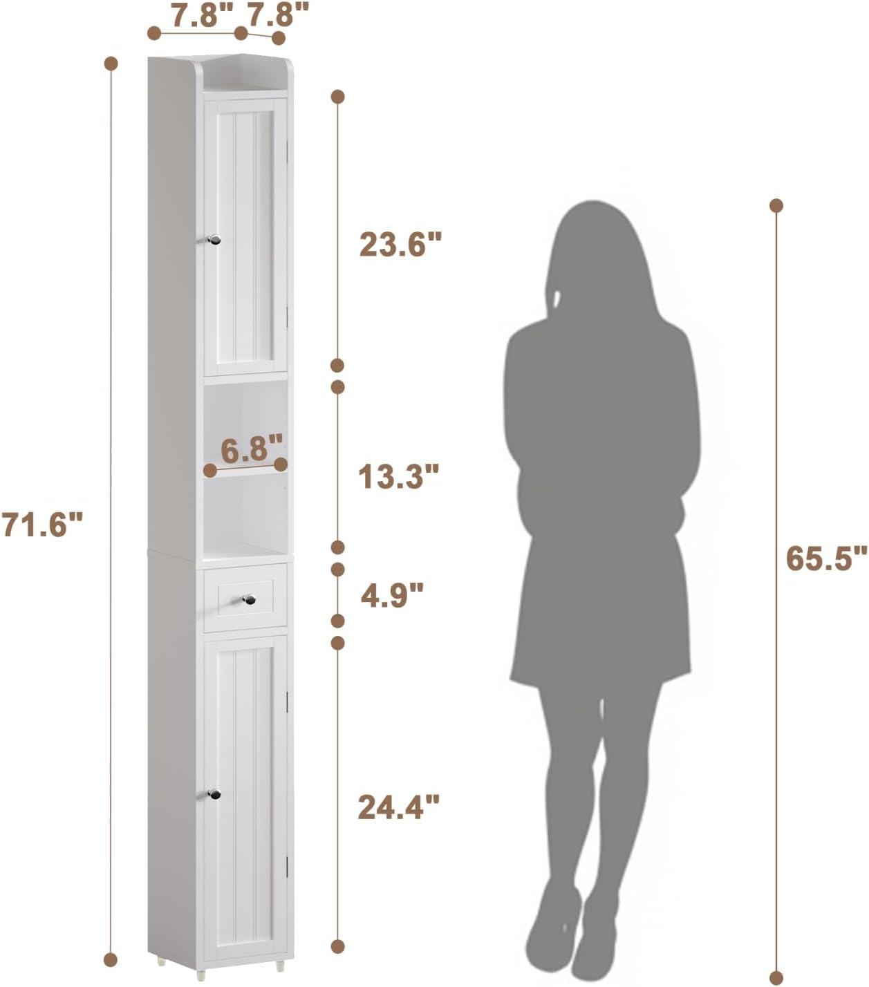 Narrow Bathroom Storage Cabinet with Adjustable Shelves, Tall Storage Cabinet with 2 Doors and 1 Drawer, Freestanding Cupboard for Small Spaces