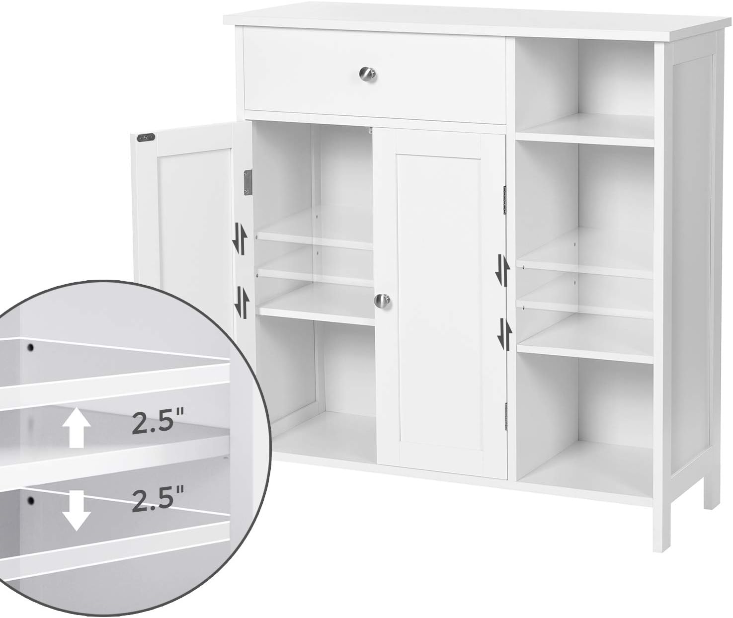 Freestanding Cabinet with Doors, 3 Open Compartments, Adjustable Shelves, 11.8 x 29.5 x 31.5 Inches, for Bathroom