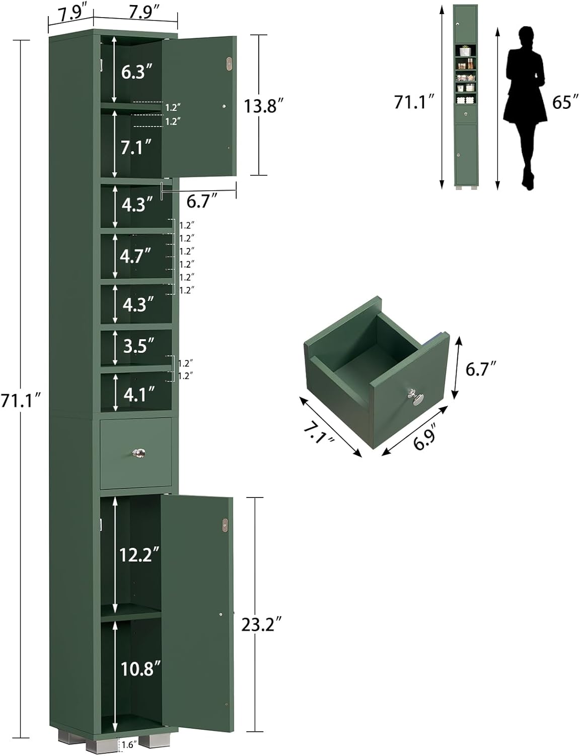 Bathroom Cabinet, Narrow Bathroom Storage Cabinet with 5 Adjustable Shelves & Drawer, Freestanding Cupboard for Small Spaces
