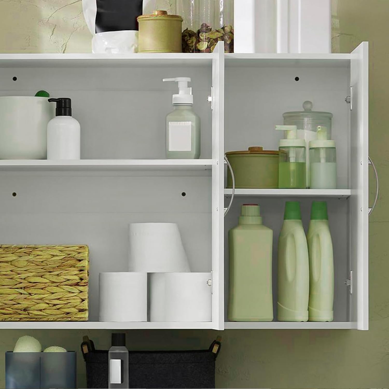 3-Doors Bathroom and Laundry Room Wall Cabinet with Adjustable Shelves, Wall Mounted MDF Storage Organizer Over Toilet or Washer