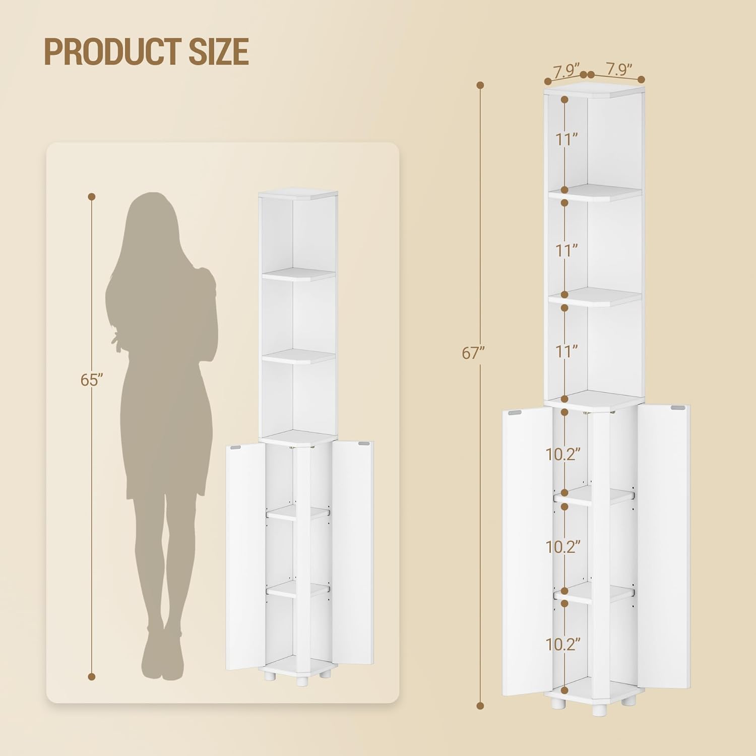 Tall Bathroom Corner Cabinet with Doors, Narrow Storage Cabinets with Adjustable Shelves, Bathroom Organizers and Storage for Small Space