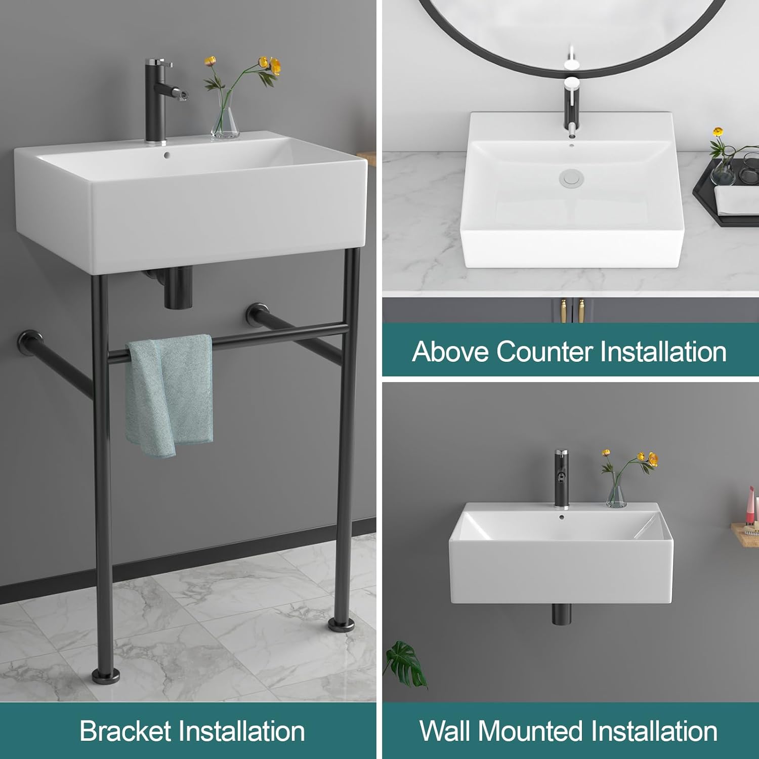 Modern Console Bathroom Sink with Black Stainless Steel Pedestal Legs