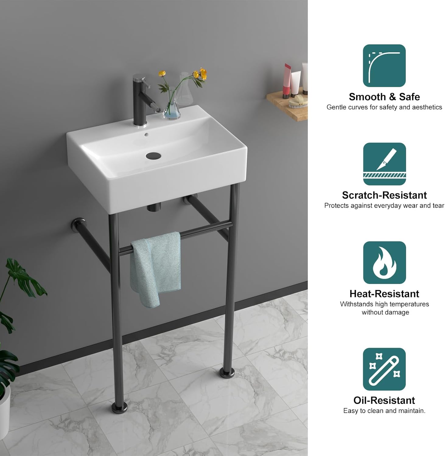 20"x12" Modern Console Bathroom Sink with Black Stainless Steel Pedestal Legs