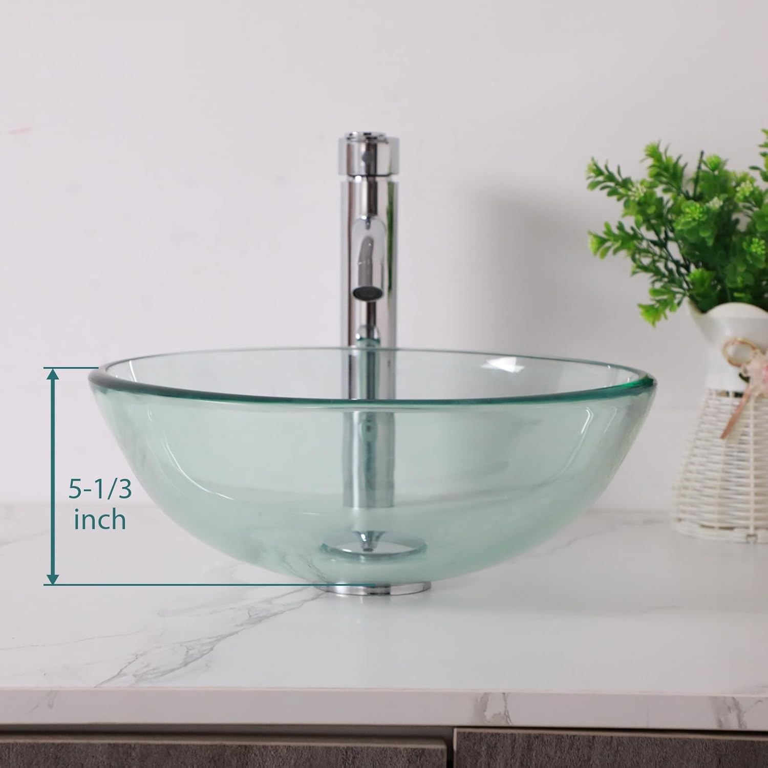 14" Clear Glass Vessel Sink With Faucet And Drain Combo Modern Round Shape Artistic Basin Bathroom Vessel Sink