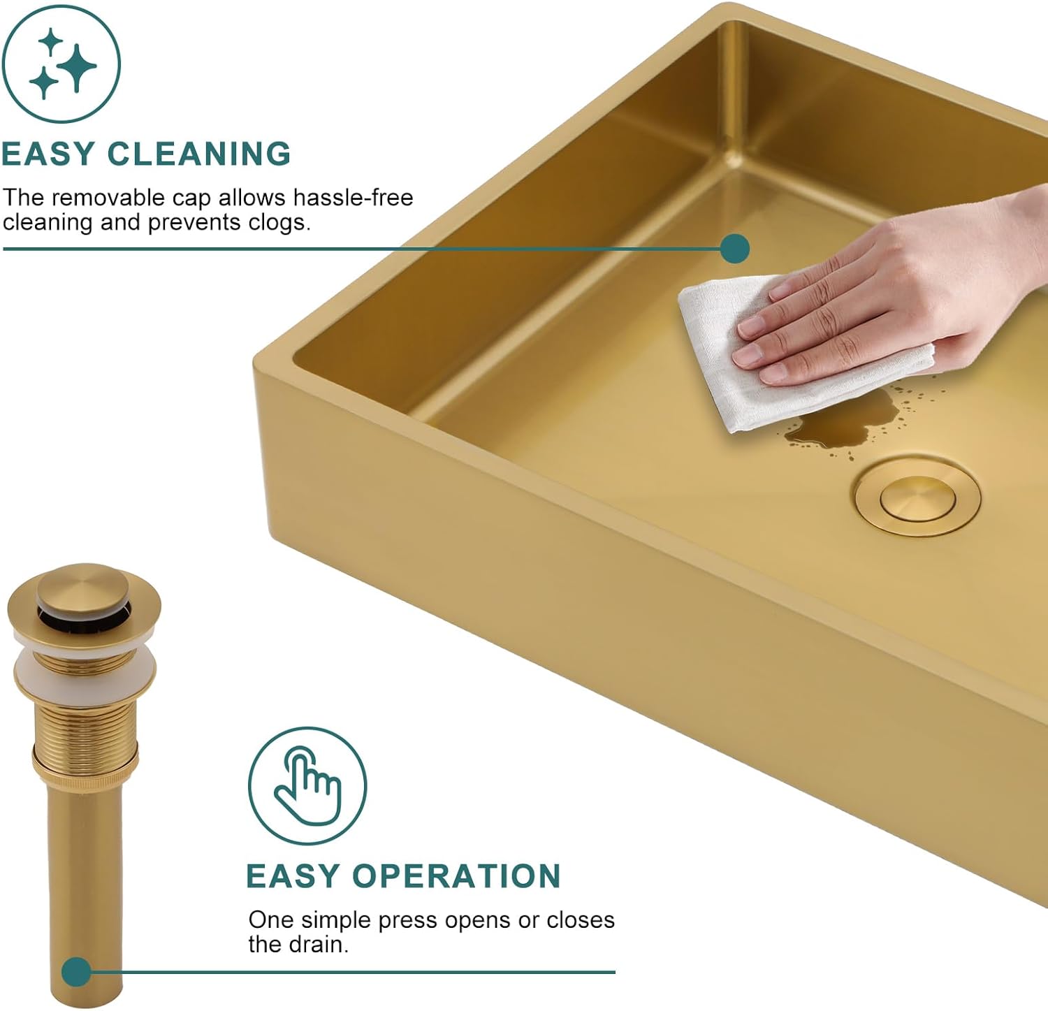 24" Gold Bathroom Vessel Sink 16 Gauge Nano Titanium Plating Rectangle Vessel Sink