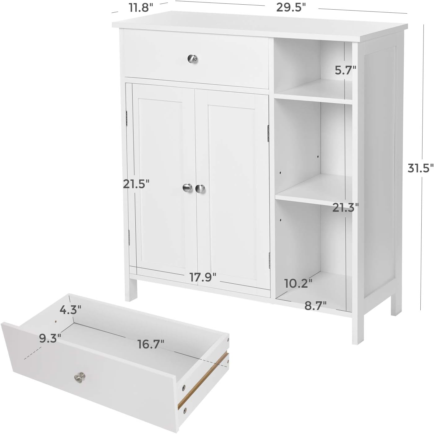 Freestanding Cabinet with Doors, 3 Open Compartments, Adjustable Shelves, 11.8 x 29.5 x 31.5 Inches, for Bathroom