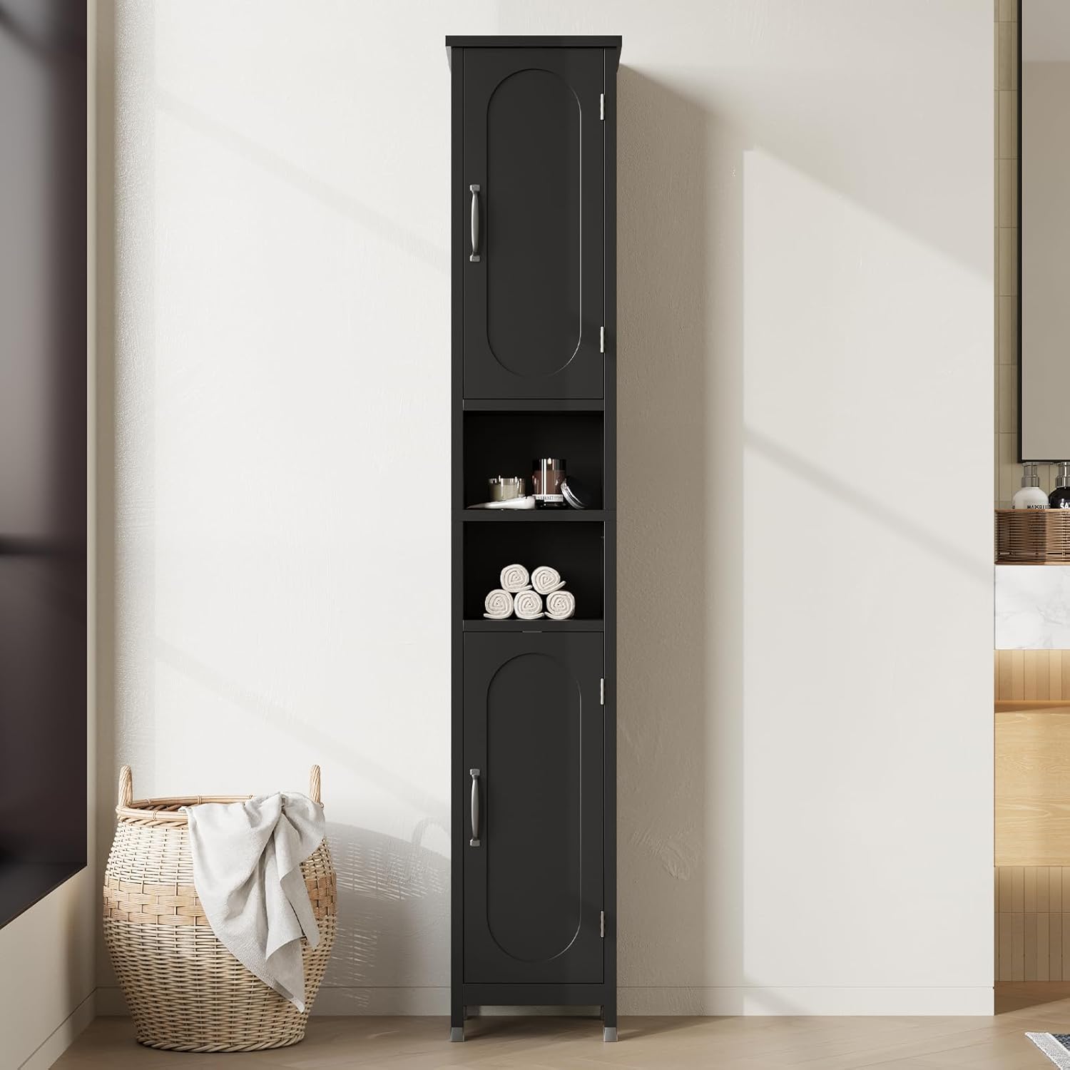 67" Tall Bathroom Storage Cabinet with Lights, Slim Narrow Bathroom Cabinet Organizer with Doors and Adjustable Shelves, Tall Cabinet for Small Space