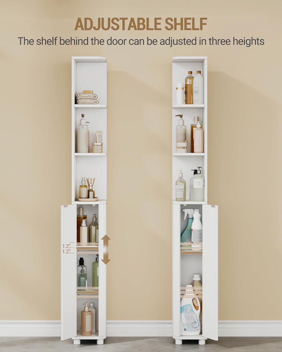 Tall Bathroom Corner Cabinet with Doors, Narrow Storage Cabinets with Adjustable Shelves, Bathroom Organizers and Storage for Small Space
